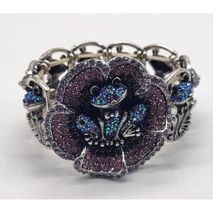 YUHONG Rhinestone Stretch Silver Tone Bracelet FROG Whimsical Bling Fairy Flower